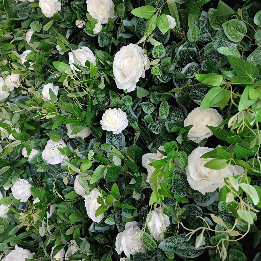 3D Pure White Roses Green Leaves Fabric Artificial Flower Wall Wedding Decoration-ubackdrop