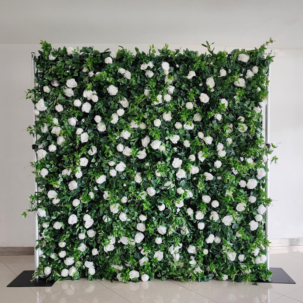 3D Pure White Roses Green Leaves Fabric Artificial Flower Wall Wedding Decoration-ubackdrop