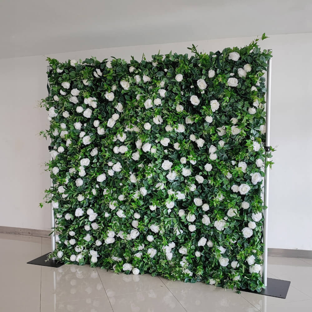 3D Pure White Roses Green Leaves Fabric Artificial Flower Wall Wedding Decoration-ubackdrop