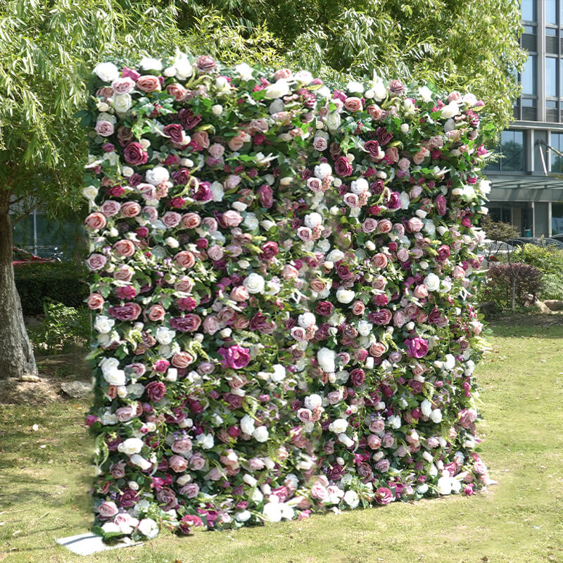 3D Wedding Purple and Pink Fabric Artificial Flower Wall Birthday Party Decor-ubackdrop