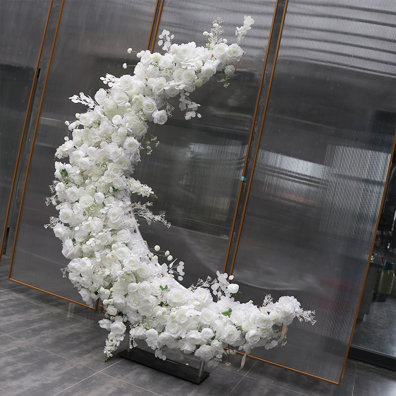 6.5ft White Roses Moon Shaped Fabric Artificial Flower Wall Wedding Party Decor-ubackdrop