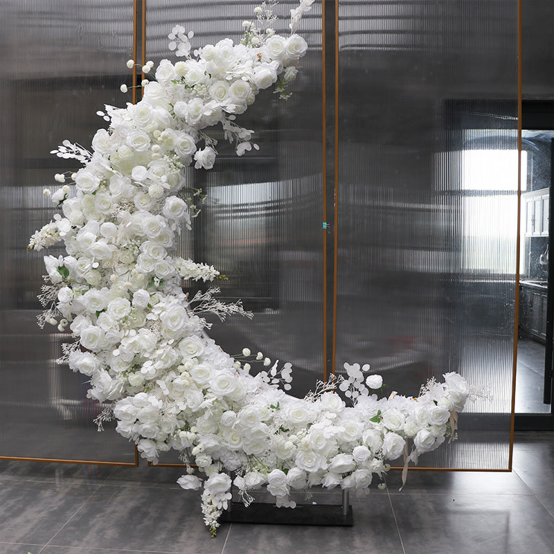 6.5ft White Roses Moon Shaped Fabric Artificial Flower Wall Wedding Party Decor-ubackdrop