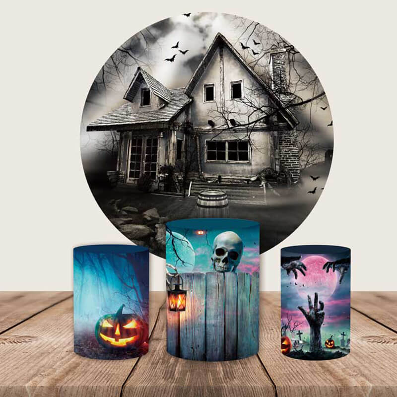 Halloween Haunted House Dark Round Backdrop Cover-ubackdrop