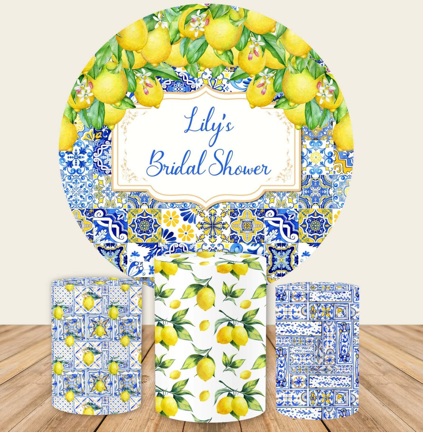 Mediterranean Lemon Patchwork Bridal Shower Round Backdrop Cover-ubackdrop