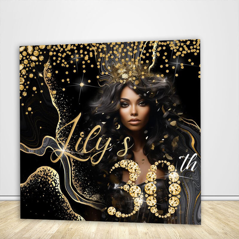 Black Gold Glitter Diamonds 30th Birthday Backdrop Her-ubackdrop