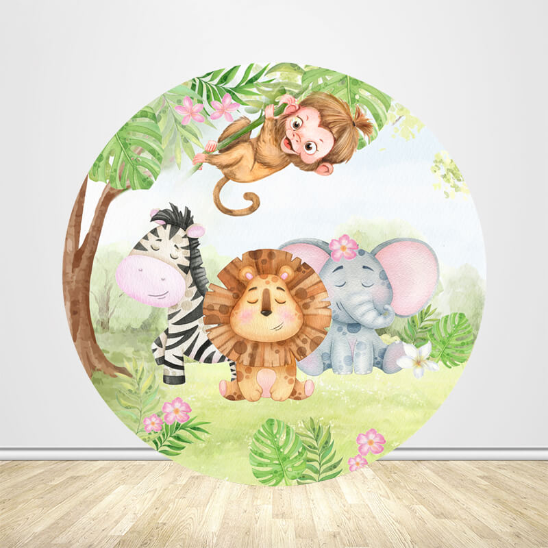 Cartoon Animals Safari 1st Birthday Round Backdrop Cover-ubackdrop