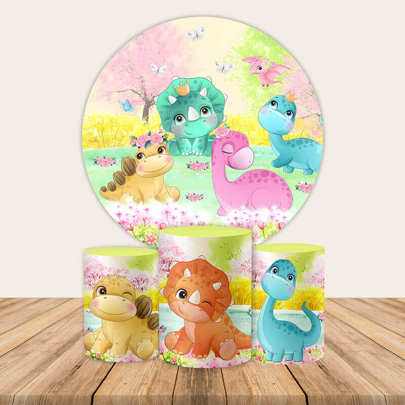 Cartoon Baby Dinosaur Newborn Baby Party Round Backdrop-ubackdrop