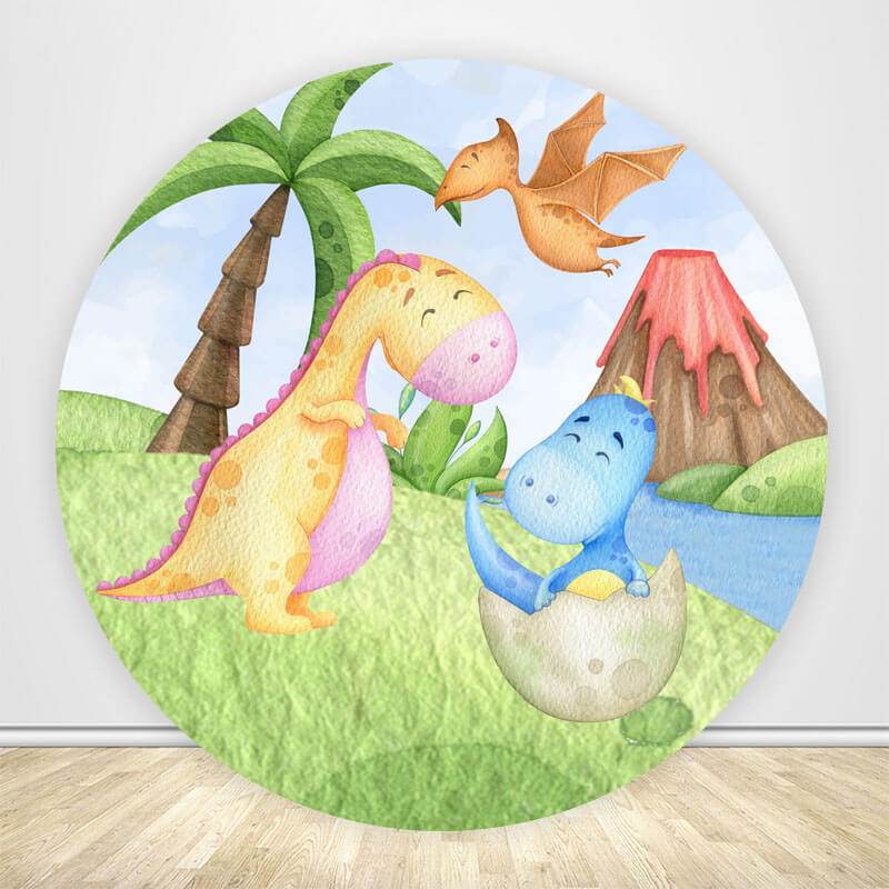 Cartoon Dinosaurs 1st Birthday Round Backdrop Cover-ubackdrop