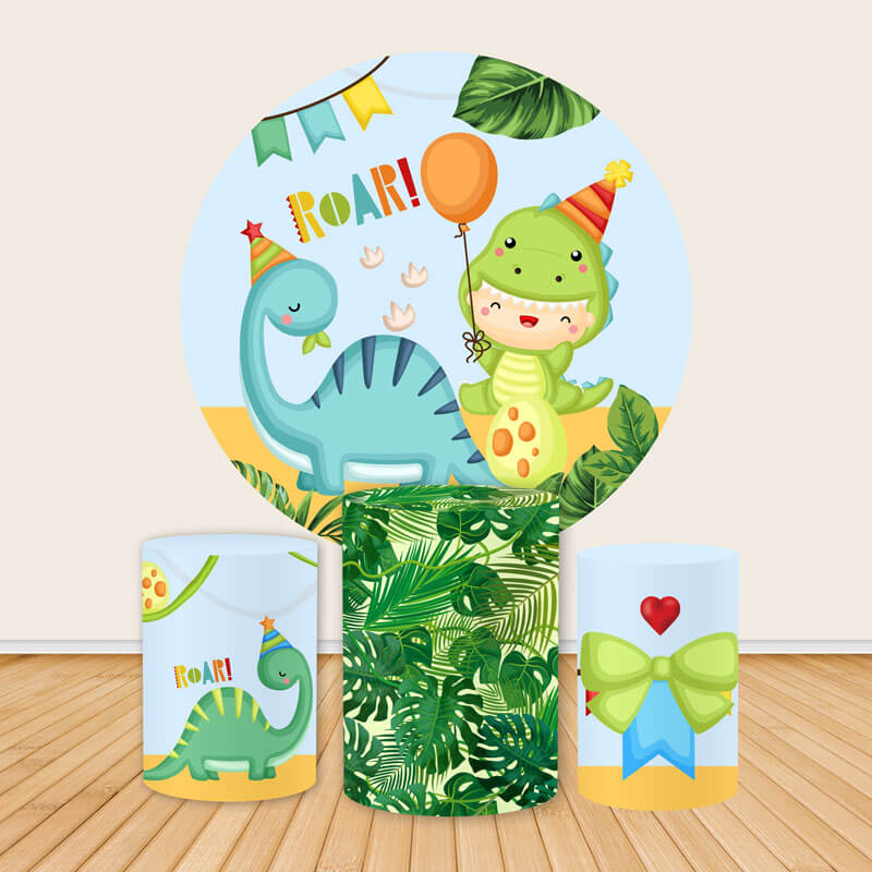 Cartoon Dinosaurs Birthday Round Backdrop Cover-ubackdrop
