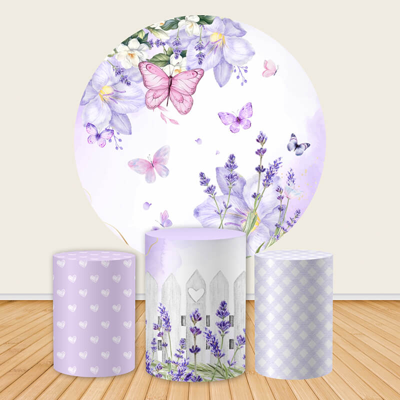 Circle Purple Butterfly Rose Happy Birthday Backdrop-ubackdrop