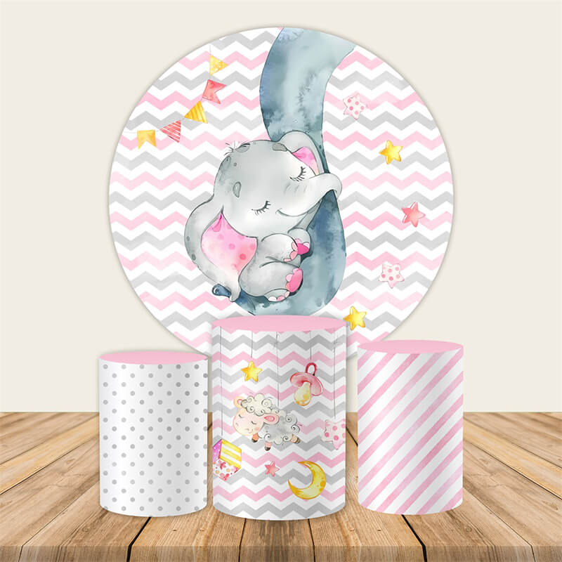 Elephant Pink Baby Shower Birthday Party Round Backdrop-ubackdrop