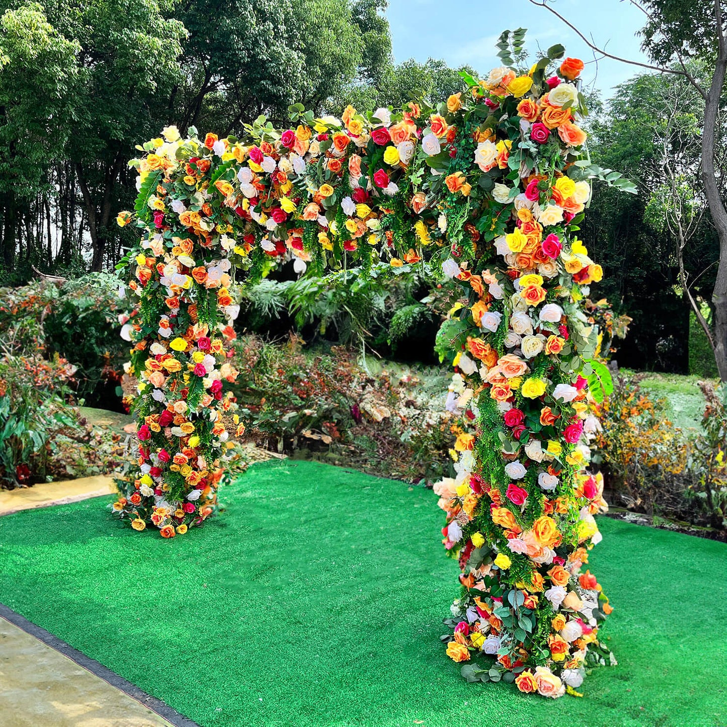 Green Orange Fabric Artificial Flower Wall Arch Wedding Party Decoration-ubackdrop