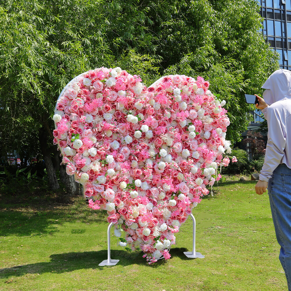 Pink Roses Heart Shaped Fabric Artificial Flower Wall Wedding Decor-ubackdrop