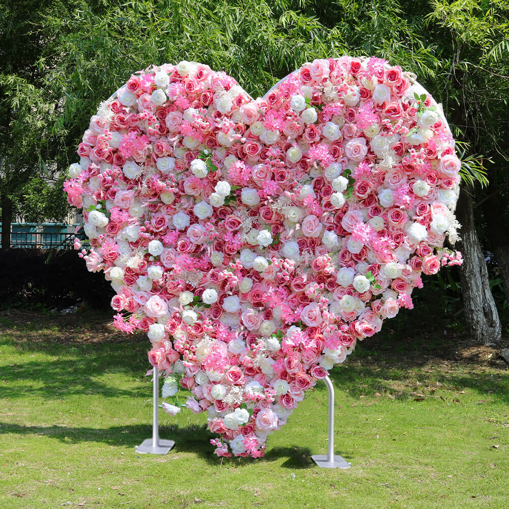Pink Roses Heart Shaped Fabric Artificial Flower Wall Wedding Decor-ubackdrop