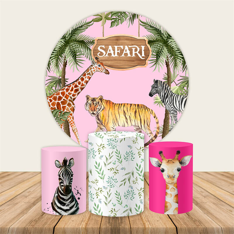 Jungle Wild Pink Themed Baby Shower Party Round Backdrop-ubackdrop