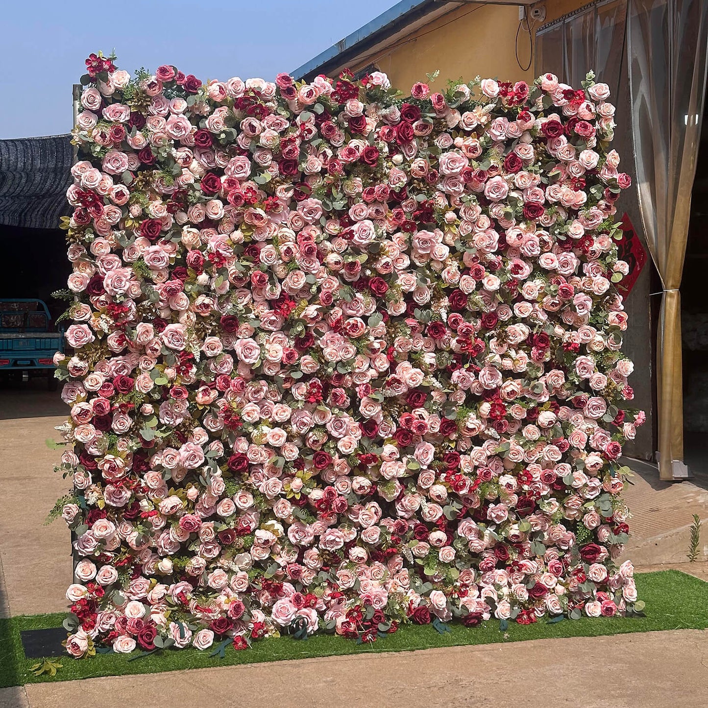 Luxury Flower Wall with Burgundy and Pink Roses for Elegant Celebrations-ubackdrop