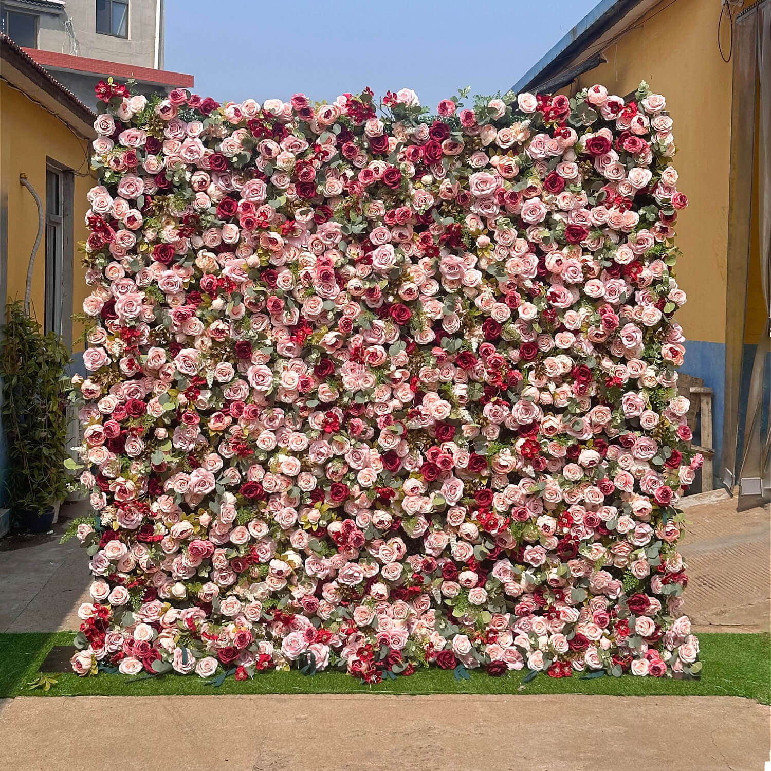 Luxury Flower Wall with Burgundy and Pink Roses for Elegant Celebrations-ubackdrop