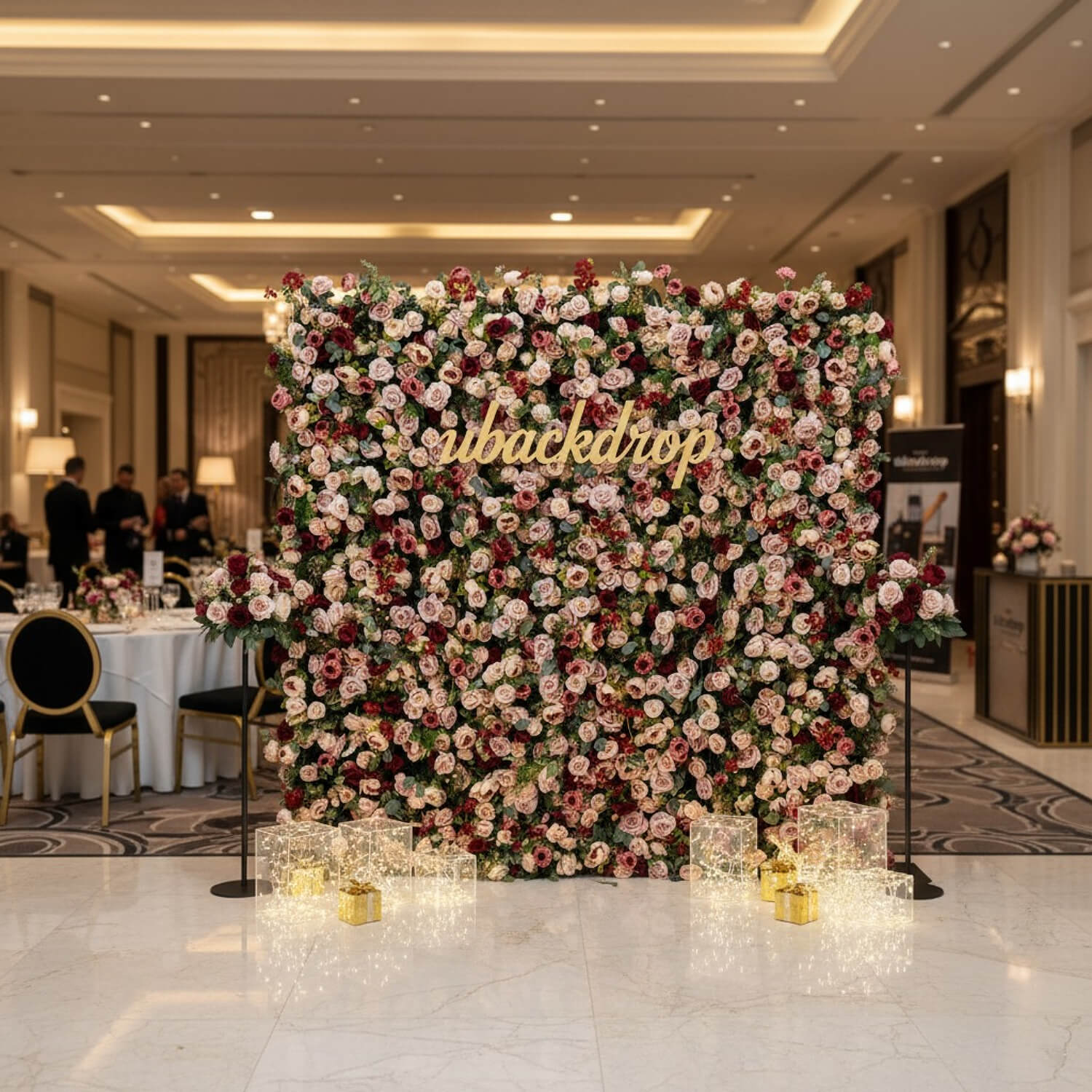 Luxury Flower Wall with Burgundy and Pink Roses for Elegant Celebrations-ubackdrop
