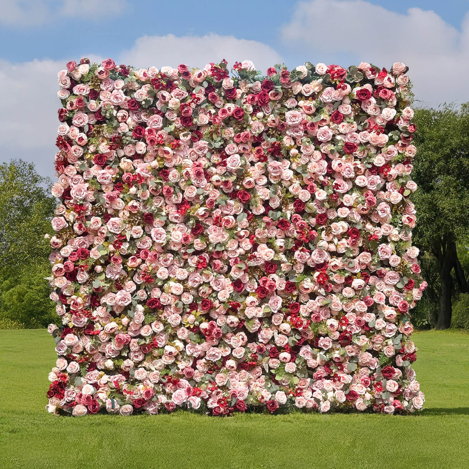 Luxury Flower Wall with Burgundy and Pink Roses for Elegant Celebrations-ubackdrop