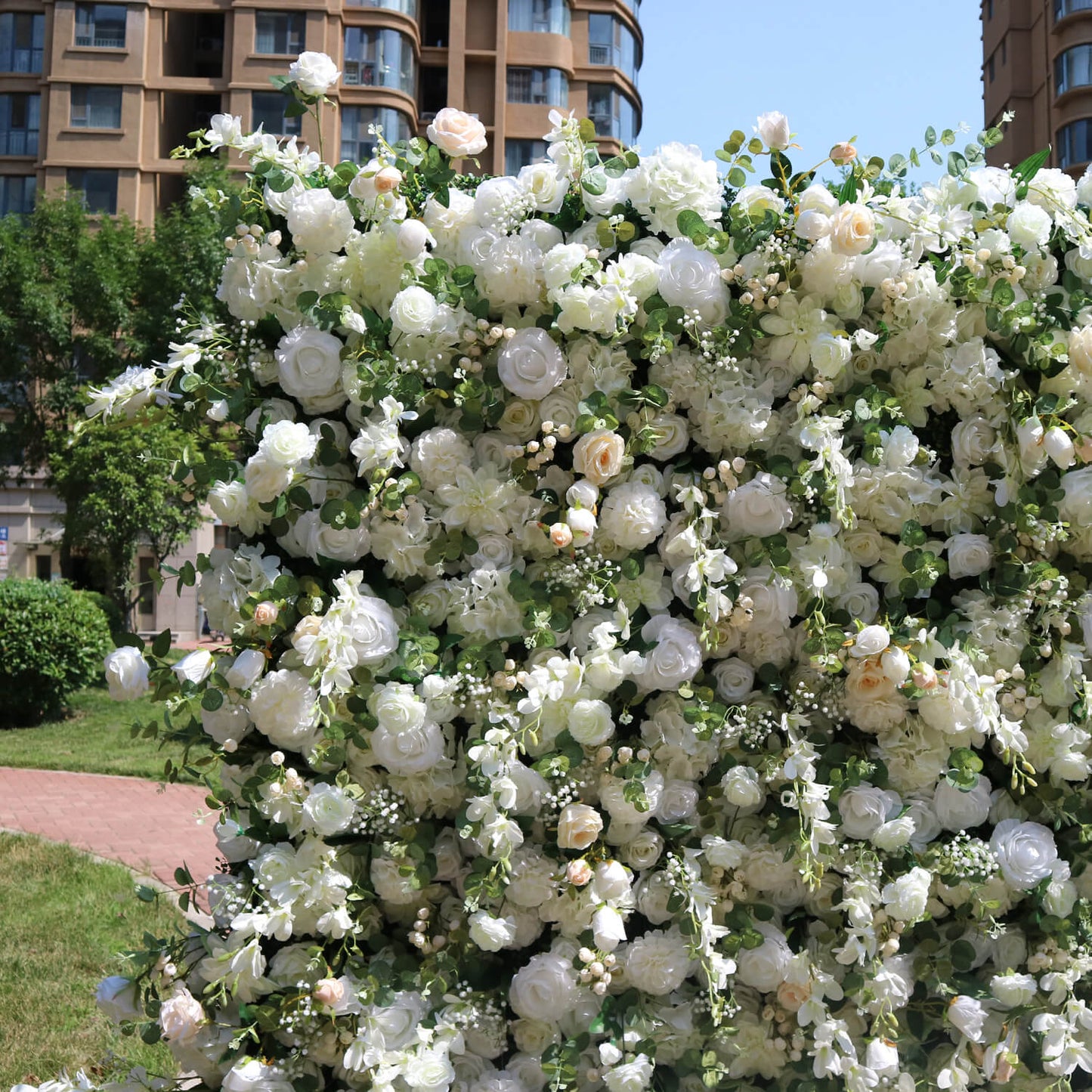 Luxury Wedding Champagne & White Rose Fabric Flower Wall Party Decor-ubackdrop