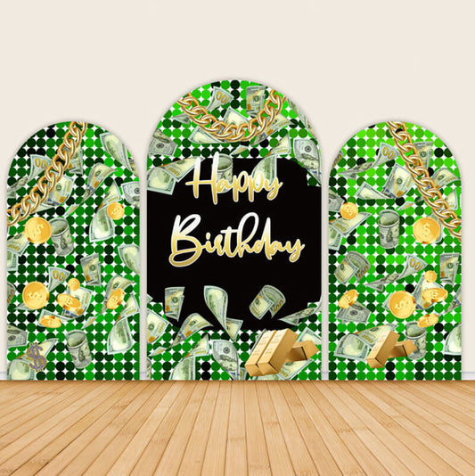 Men's Money Gold Green Birthday Arch Walls Backdrop implies that the future will be rich-ubackdrop