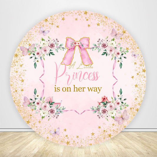 Pink Bow with Butterflies Princess Baby Shower Round Backdrop Covers-ubackdrop