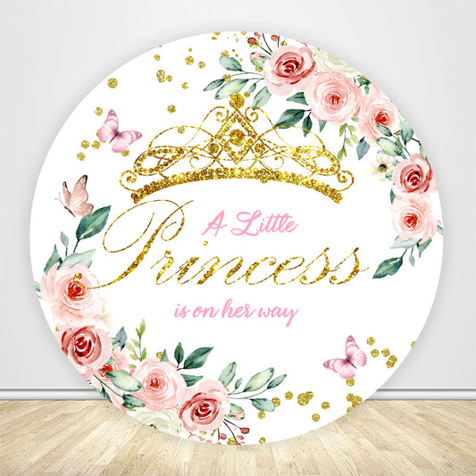 Pink Floral Gold Crown Princess Baby Shower Round Backdrop Covers-ubackdrop