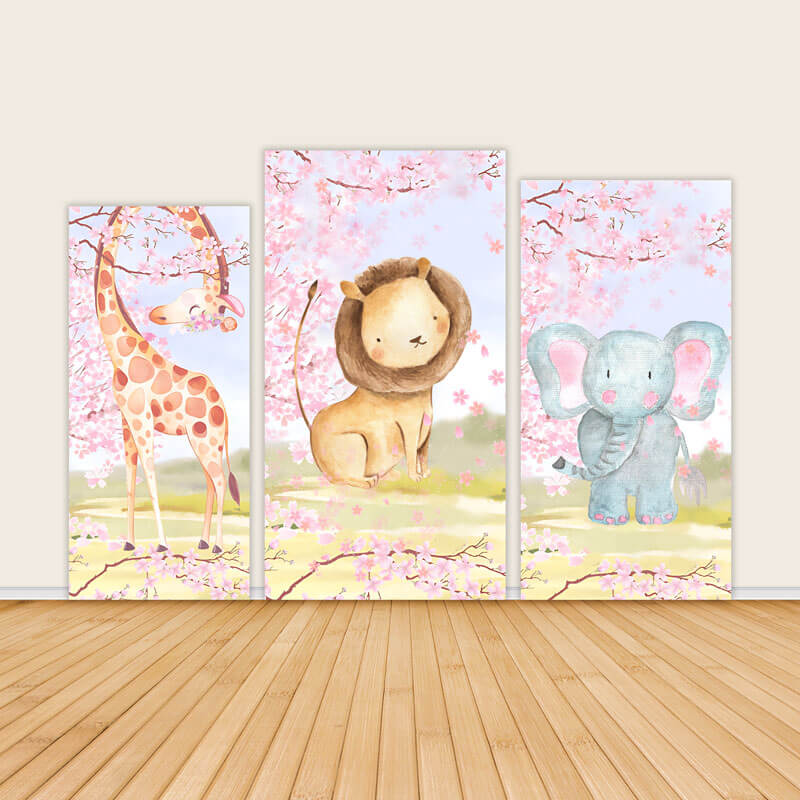 Pink Flower Cartoon Animals Theme Birthday Party Backdrop-ubackdrop