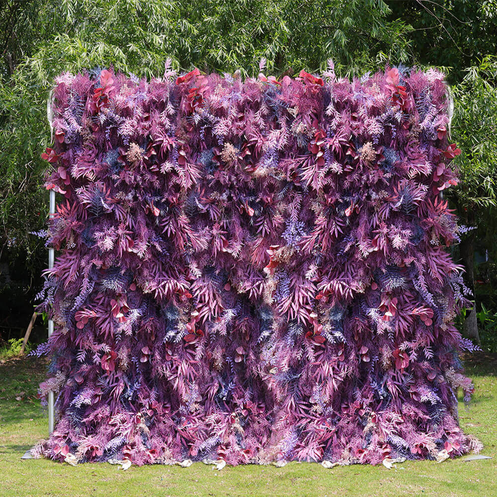 3D Purple Boho Wedding Decor Faux Spruce Leaf Flower Wall Backdrop-ubackdrop
