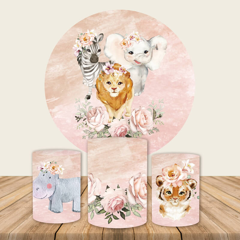 Safari Pink Floral With Leaves Round Birthday Backdrop-ubackdrop