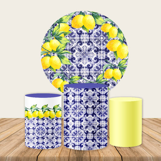 Spanish Porcelain Pattern Lemon Round Birthday Backdrop-ubackdrop