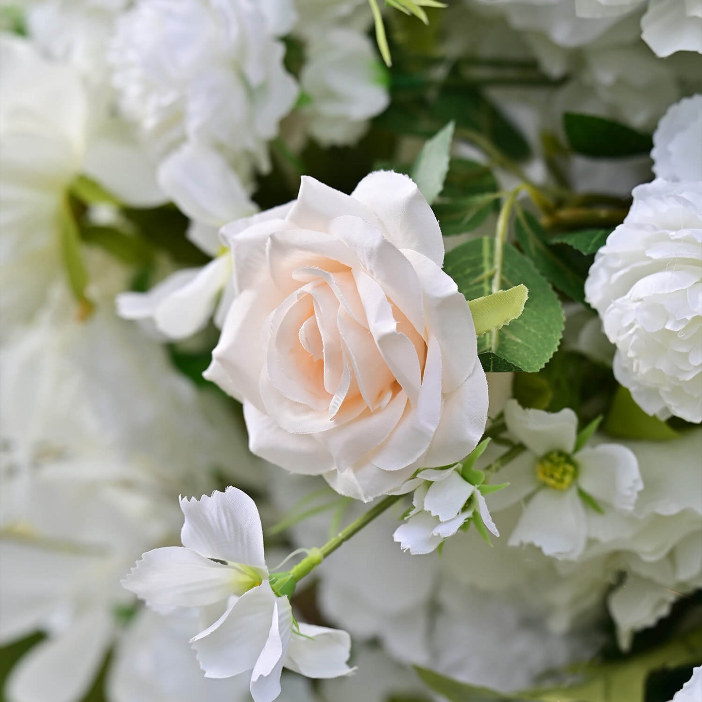 6+7FT White Rose and Hydrangea Horn-Shaped Flower Wall with Greenery for Party Decor-ubackdrop