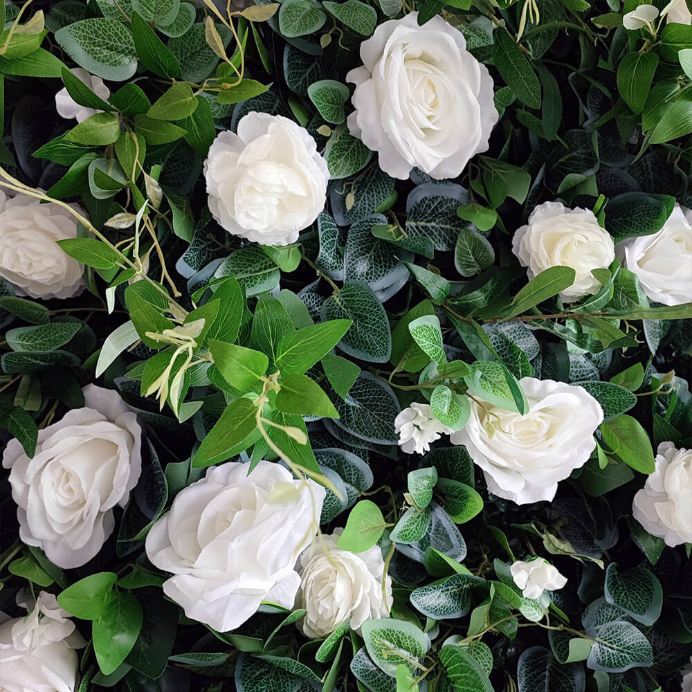 3D Pure White Roses Green Leaves Fabric Artificial Flower Wall Wedding Decoration-ubackdrop