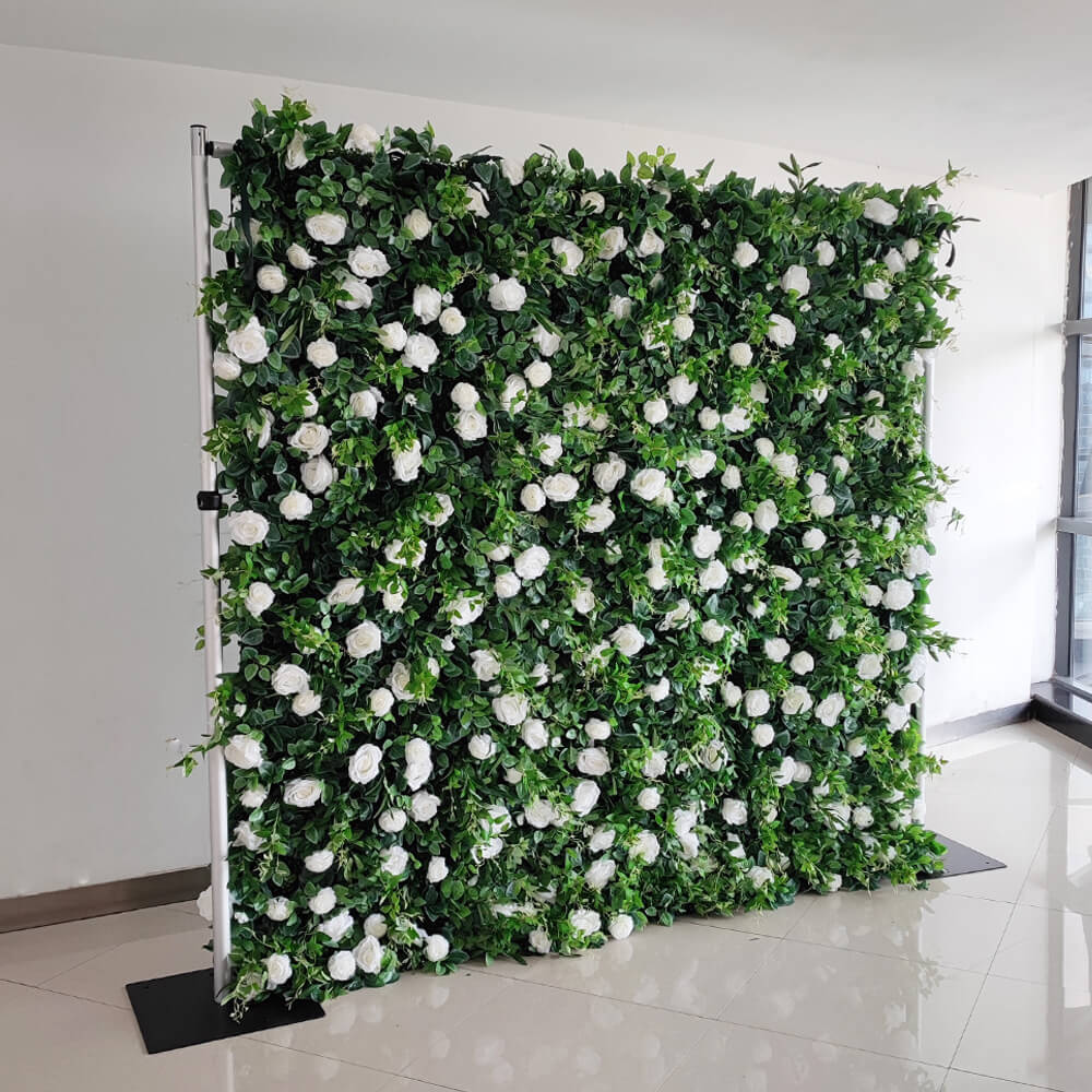 3D Pure White Roses Green Leaves Fabric Artificial Flower Wall Wedding Decoration-ubackdrop