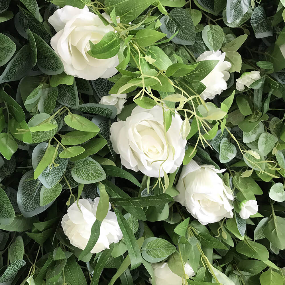 3D Pure White Roses Green Leaves Fabric Artificial Flower Wall Wedding Decoration-ubackdrop