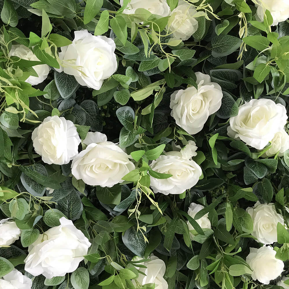 3D Pure White Roses Green Leaves Fabric Artificial Flower Wall Wedding Decoration-ubackdrop