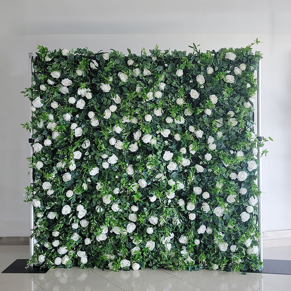 3D Pure White Roses Green Leaves Fabric Artificial Flower Wall Wedding Decoration-ubackdrop