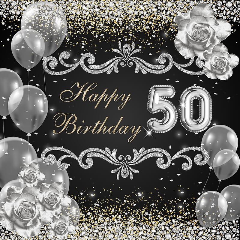 Women 50th Birthday Backdrop Black Silver Glitter Diamonds Balloons-ubackdrop