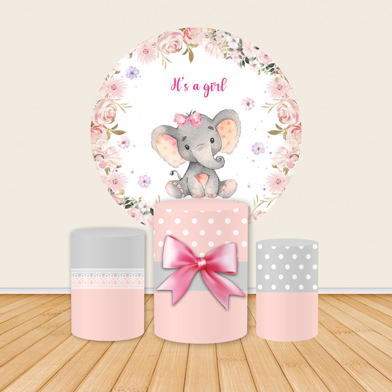 Wreath and Elephant Print Baby Shower Round Backdrop Covers-ubackdrop