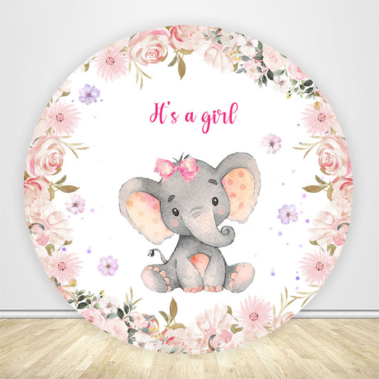 Wreath and Elephant Print Baby Shower Round Backdrop Covers-ubackdrop