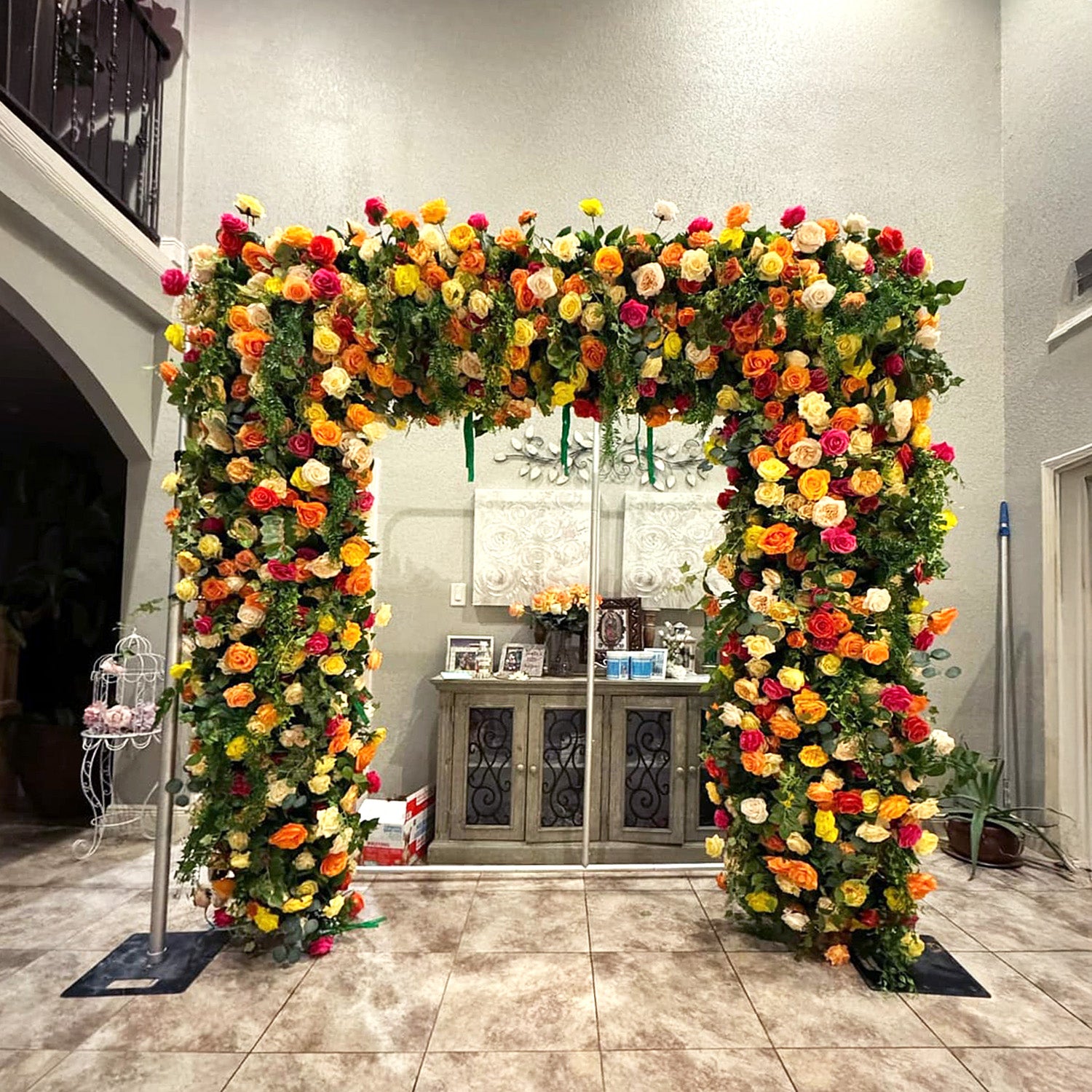 Green Orange Fabric Artificial Flower Wall Arch Wedding Party Decoration-ubackdrop