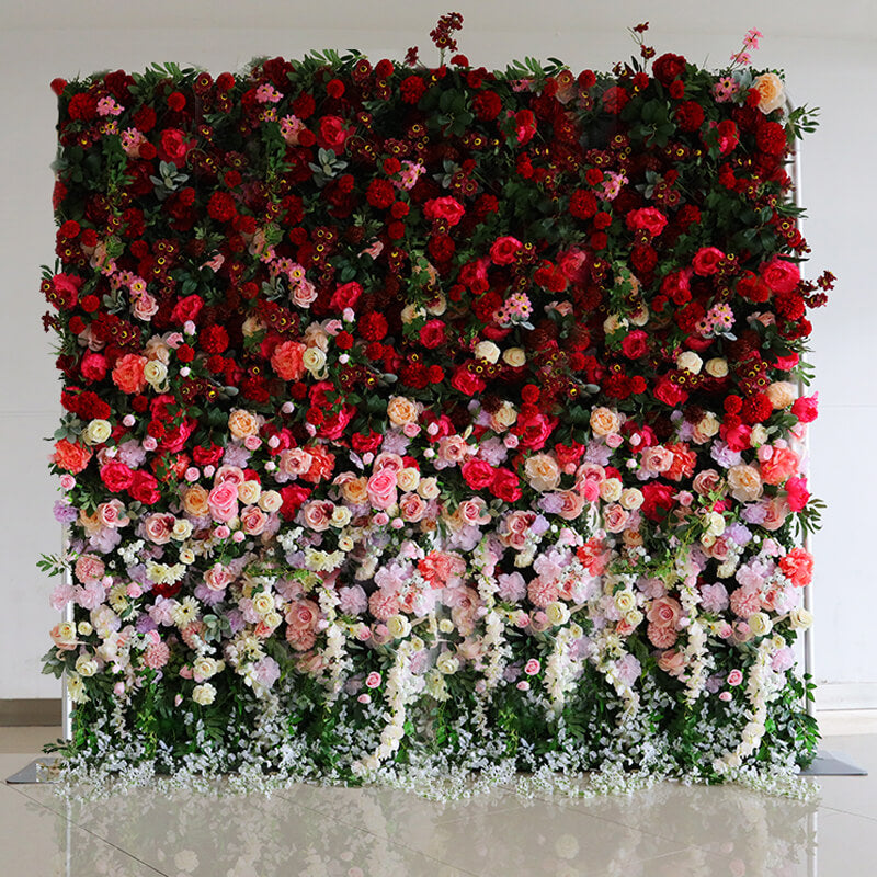 3D Gradient Red Fabric Artificial Flower Wall Wedding Party Decor-ubackdrop