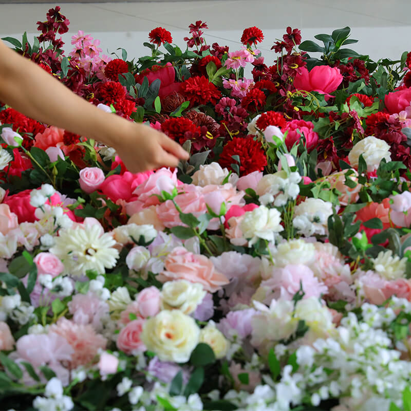 3D Gradient Red Fabric Artificial Flower Wall Wedding Party Decor-ubackdrop