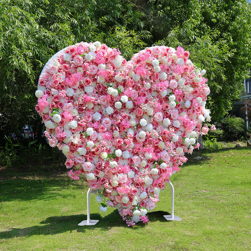 Pink Roses Heart Shaped Fabric Artificial Flower Wall Wedding Decor-ubackdrop