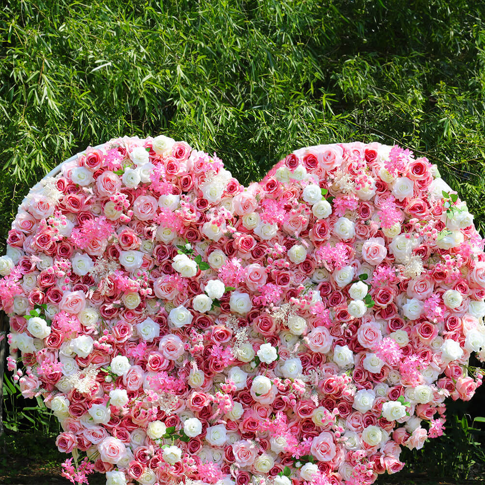 Pink Roses Heart Shaped Fabric Artificial Flower Wall Wedding Decor-ubackdrop