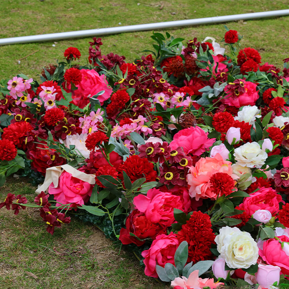 3D Gradient Red Fabric Artificial Flower Wall Wedding Party Decor-ubackdrop