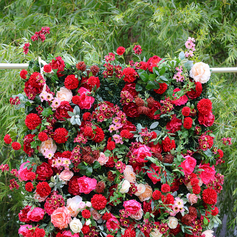 3D Gradient Red Fabric Artificial Flower Wall Wedding Party Decor-ubackdrop