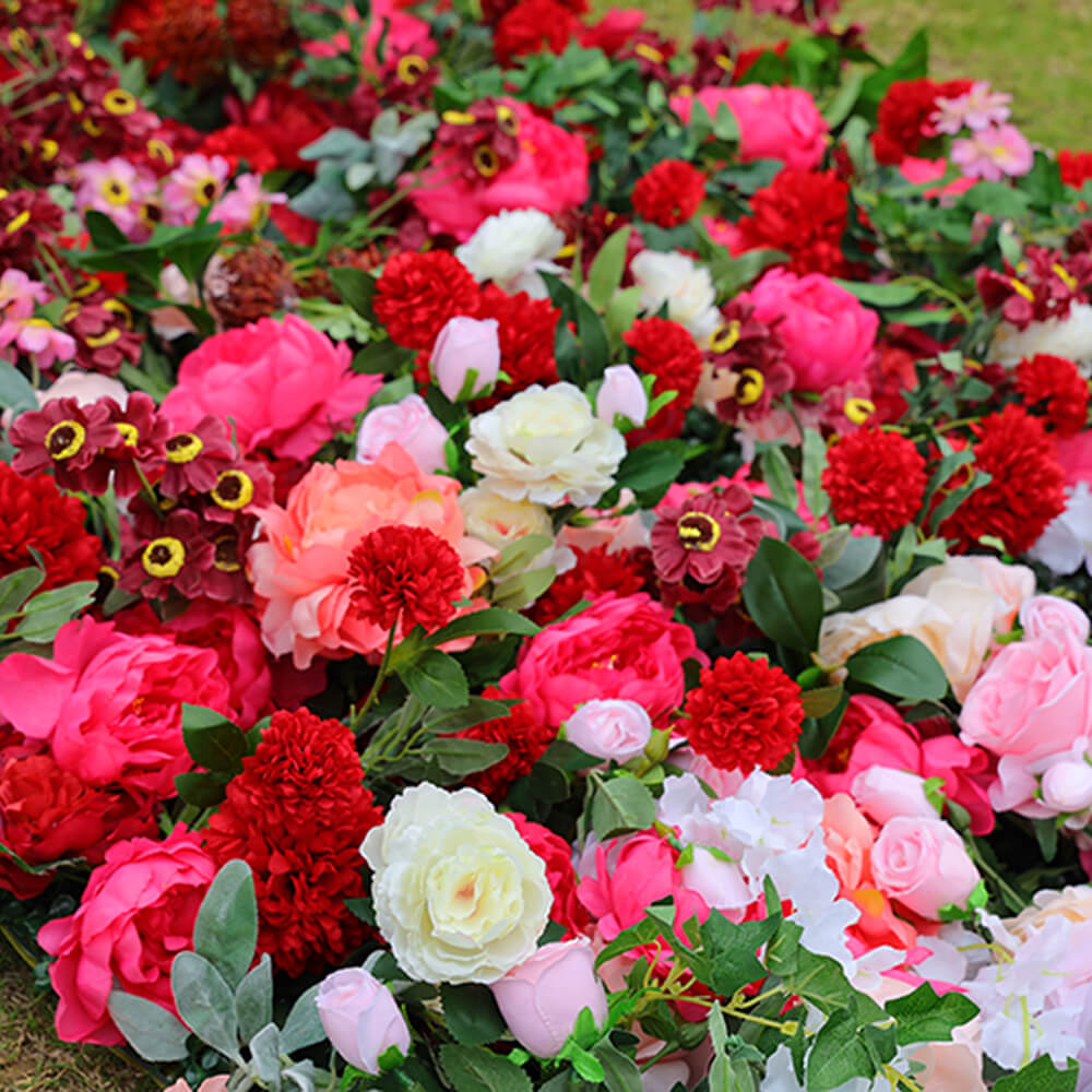 3D Gradient Red Fabric Artificial Flower Wall Wedding Party Decor-ubackdrop