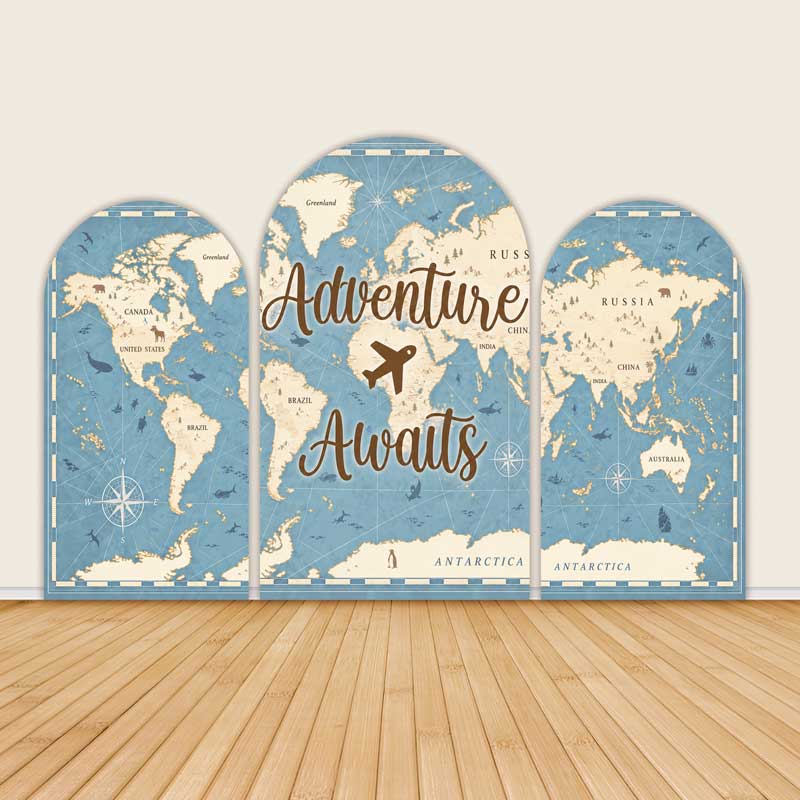 Vintage World Map Adventure Awaits Travel Theme Arch Backdrop Covers