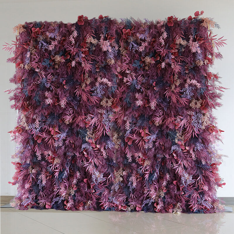 3D Purple Boho Wedding Decor Faux Spruce Leaf Flower Wall Backdrop-ubackdrop